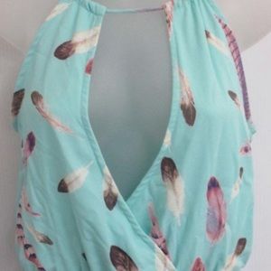 Pink Lily Aqua Sleeveless Dress w/Feather Print Tie Neckline Women S